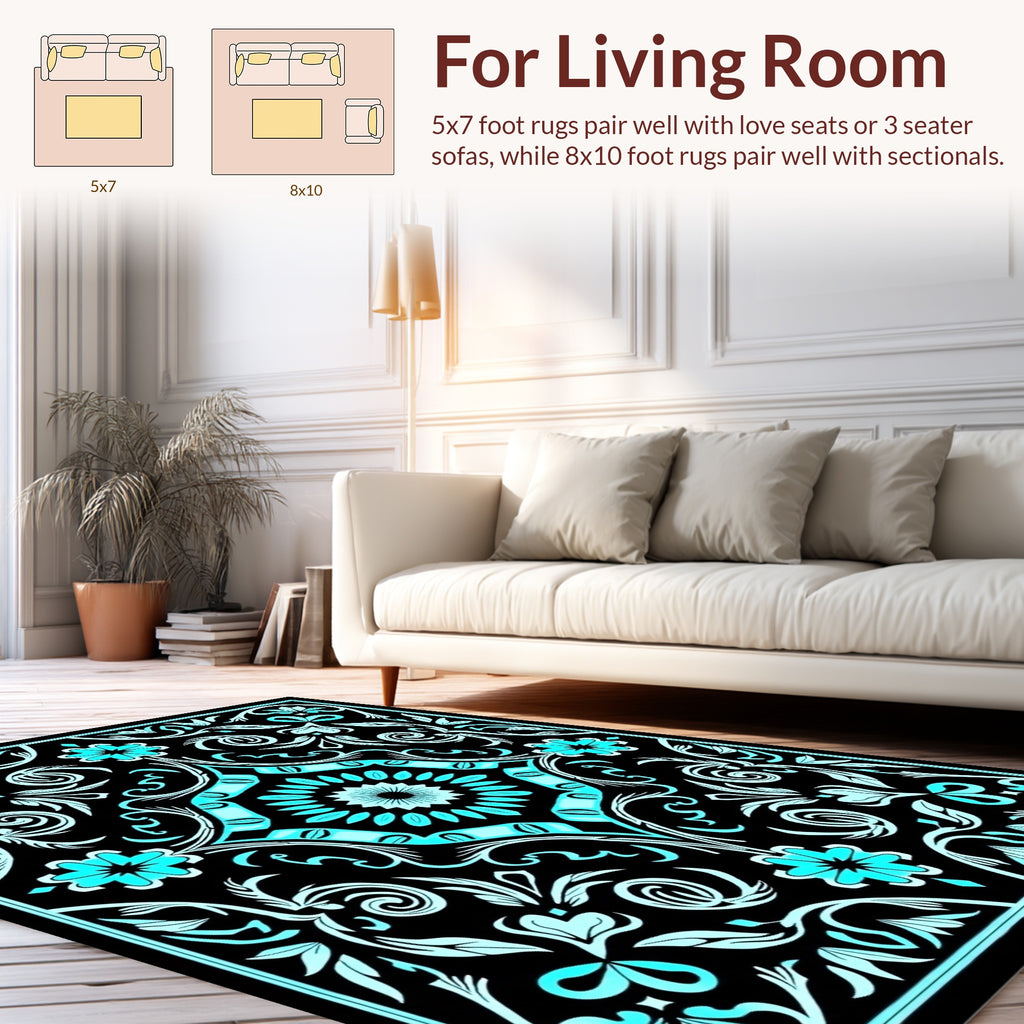Black Teal Floral Scrollwork Design Rug