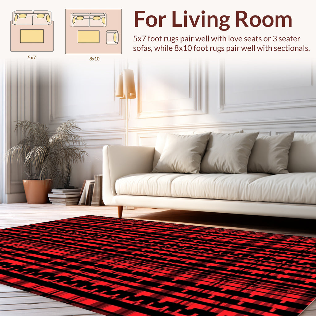 Bold Red Black Plaid Pattern Rug