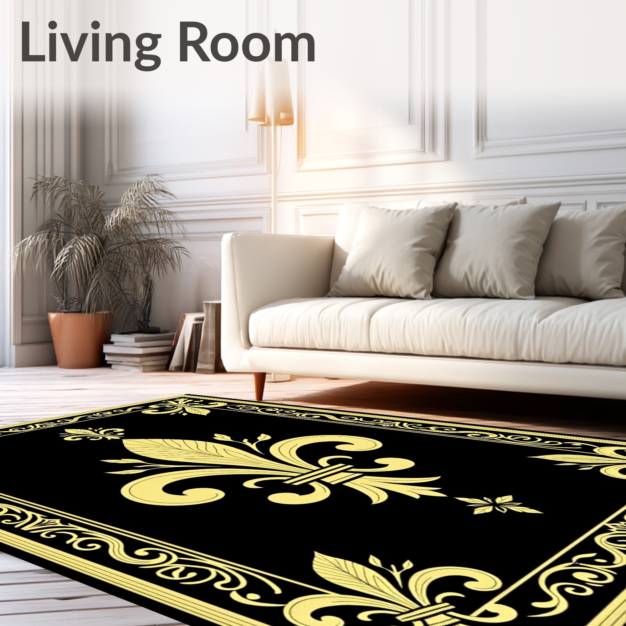 Ornate Black Gold Fleur-De-Lis Rug