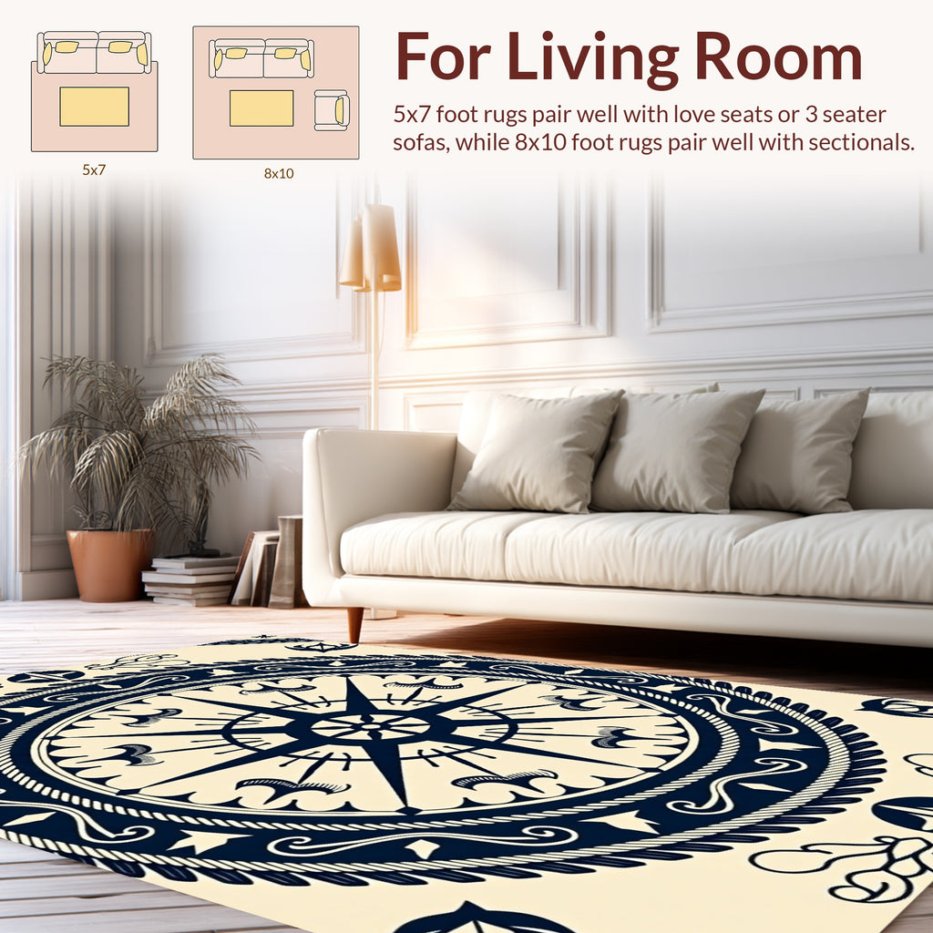 Navy Compass Rose Rope Design Rug