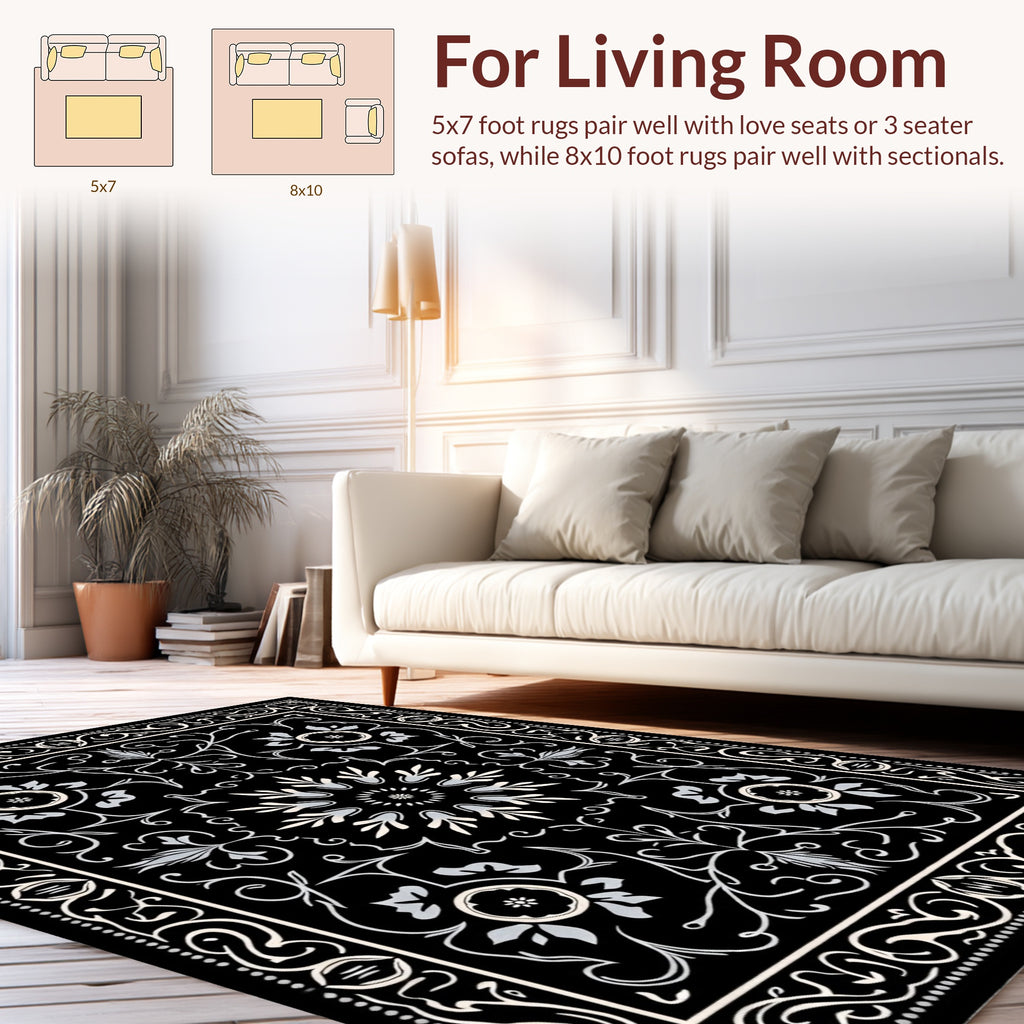 Elegant Black Floral Scrollwork Pattern Rug