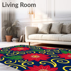 Crimson Floral Swirl Navy Background Rug