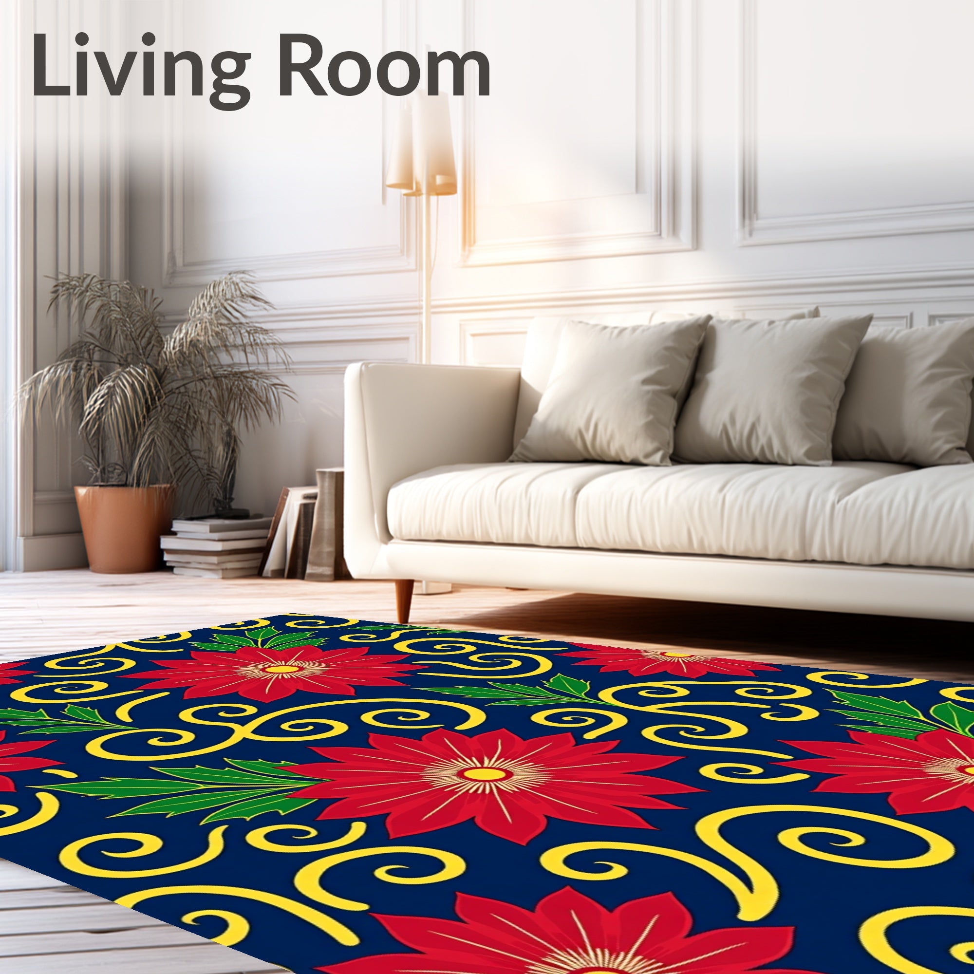Crimson Floral Swirl Navy Background Rug