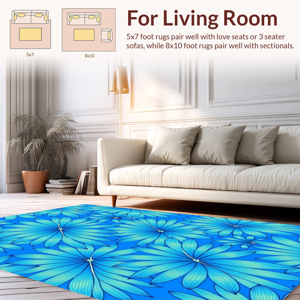Cyan Tropical Leaf Pattern Rug