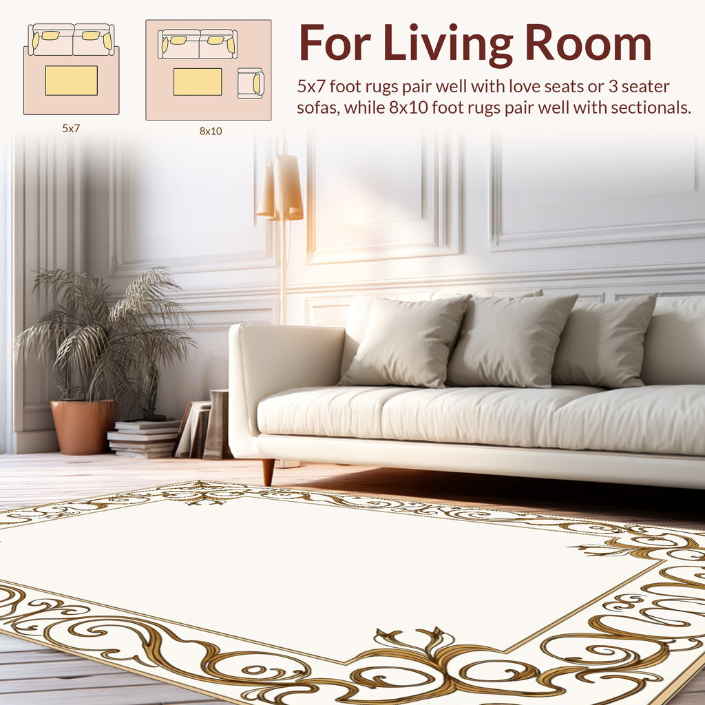 Elegant Gold Swirl Flourish Border Rug