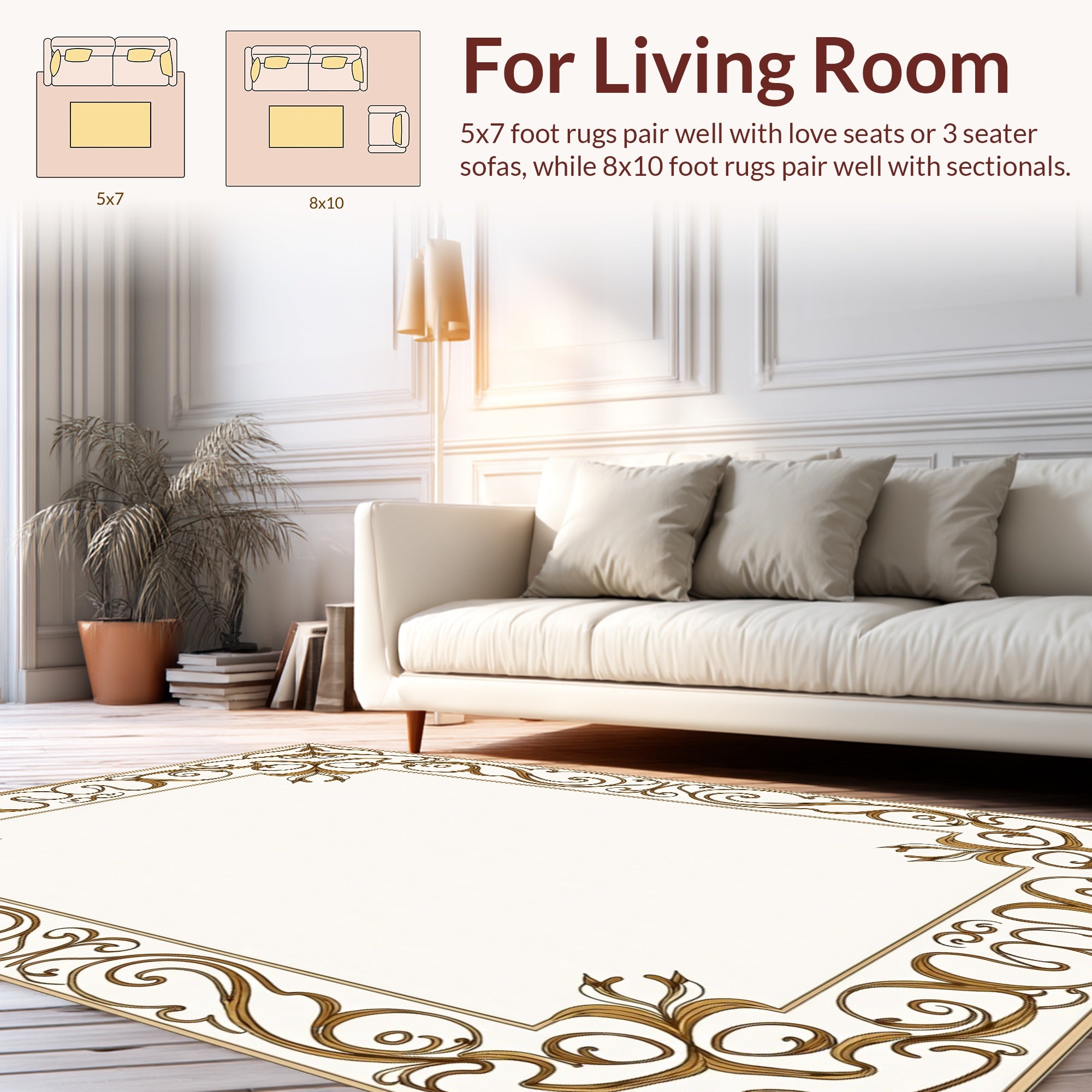 Elegant Gold Swirl Flourish Border Rug