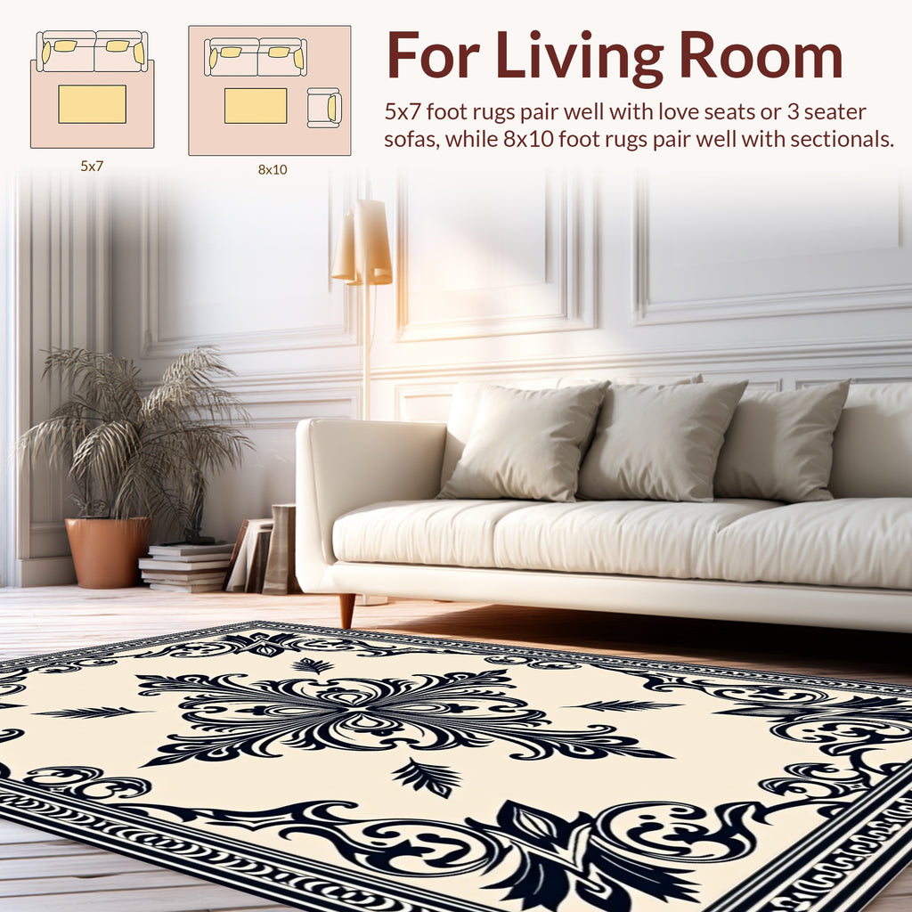 Ornate Black Cream Floral Pattern Rug