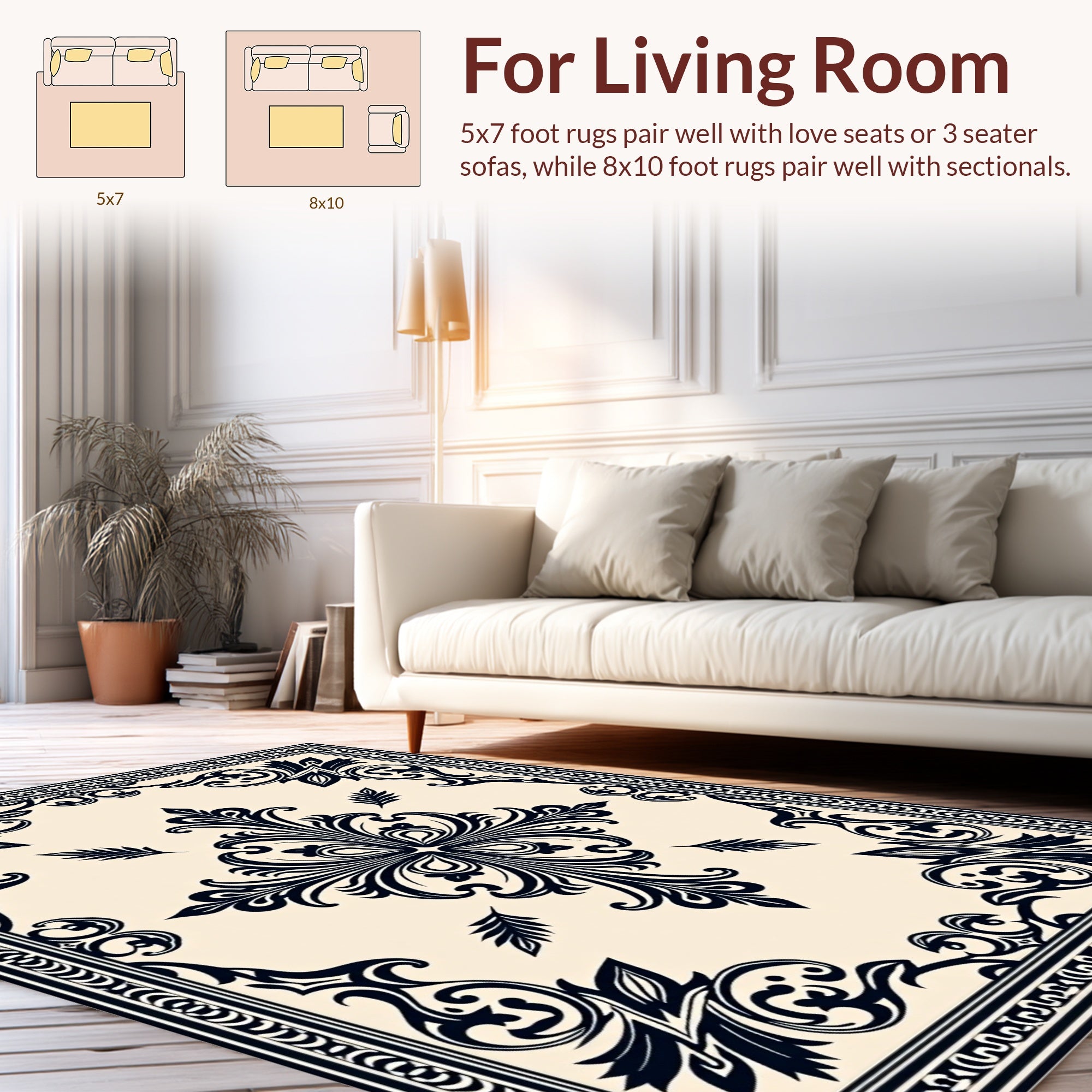 Ornate Black Cream Floral Pattern Rug