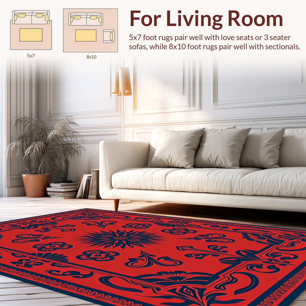 Floral Scrollwork Red Dark Blue Rug