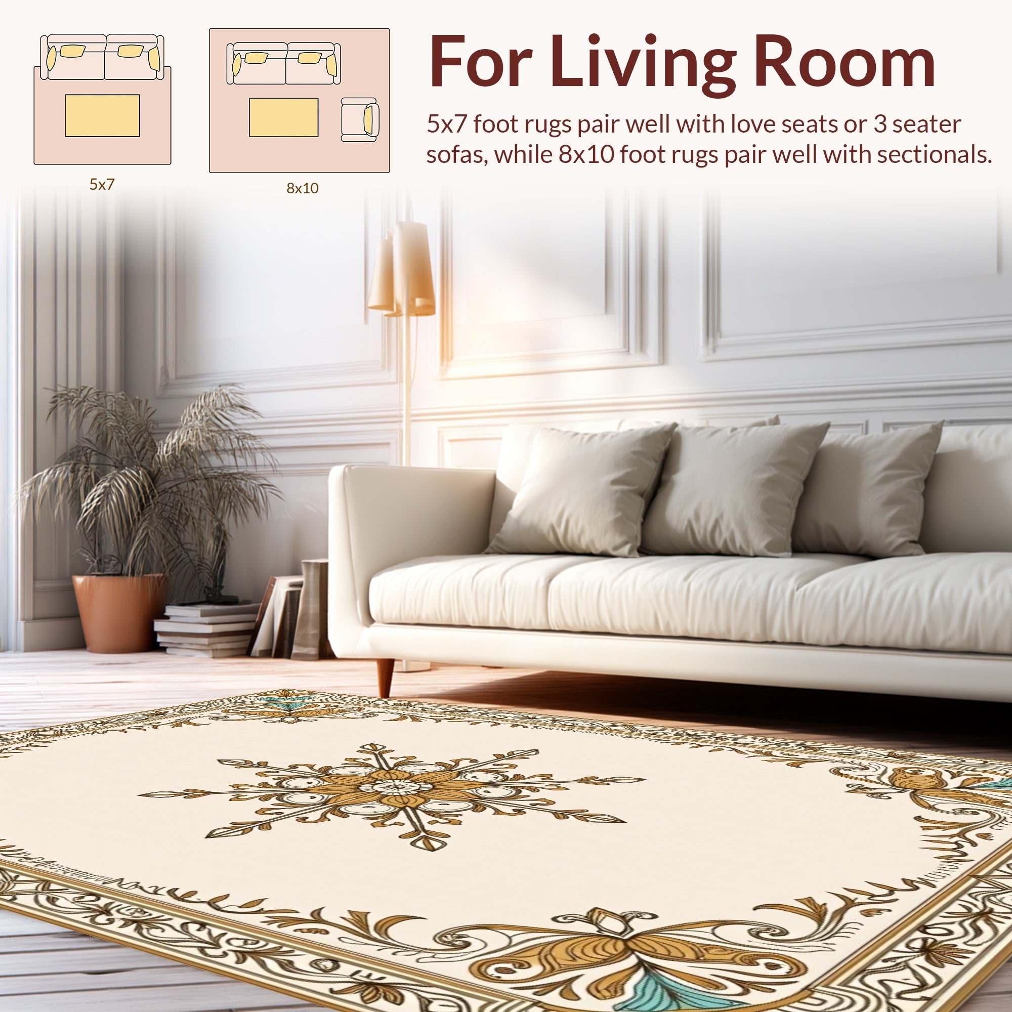 Golden Floral Swirl Border Design Rug