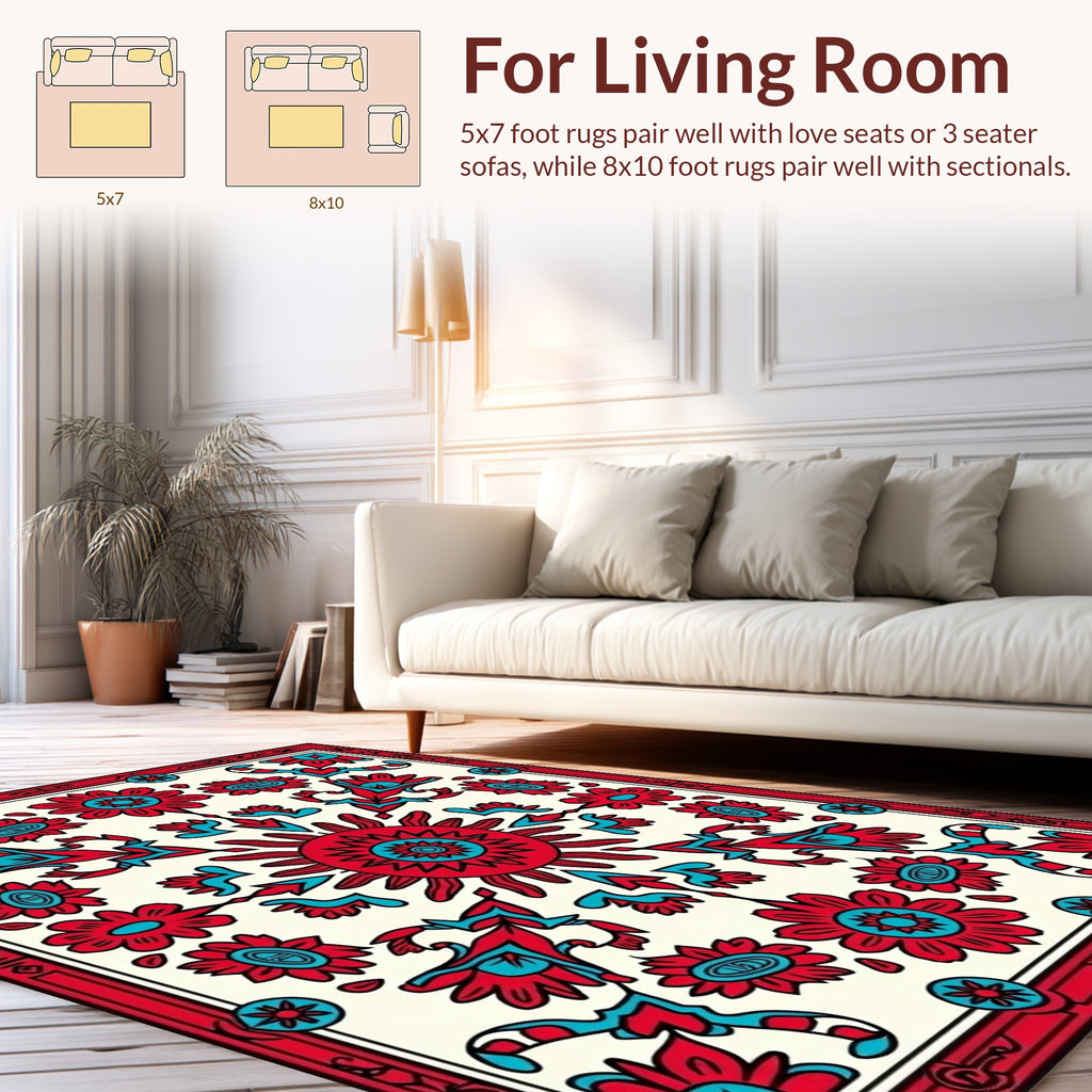 Red Turquoise Floral Sunburst Pattern Design Rug