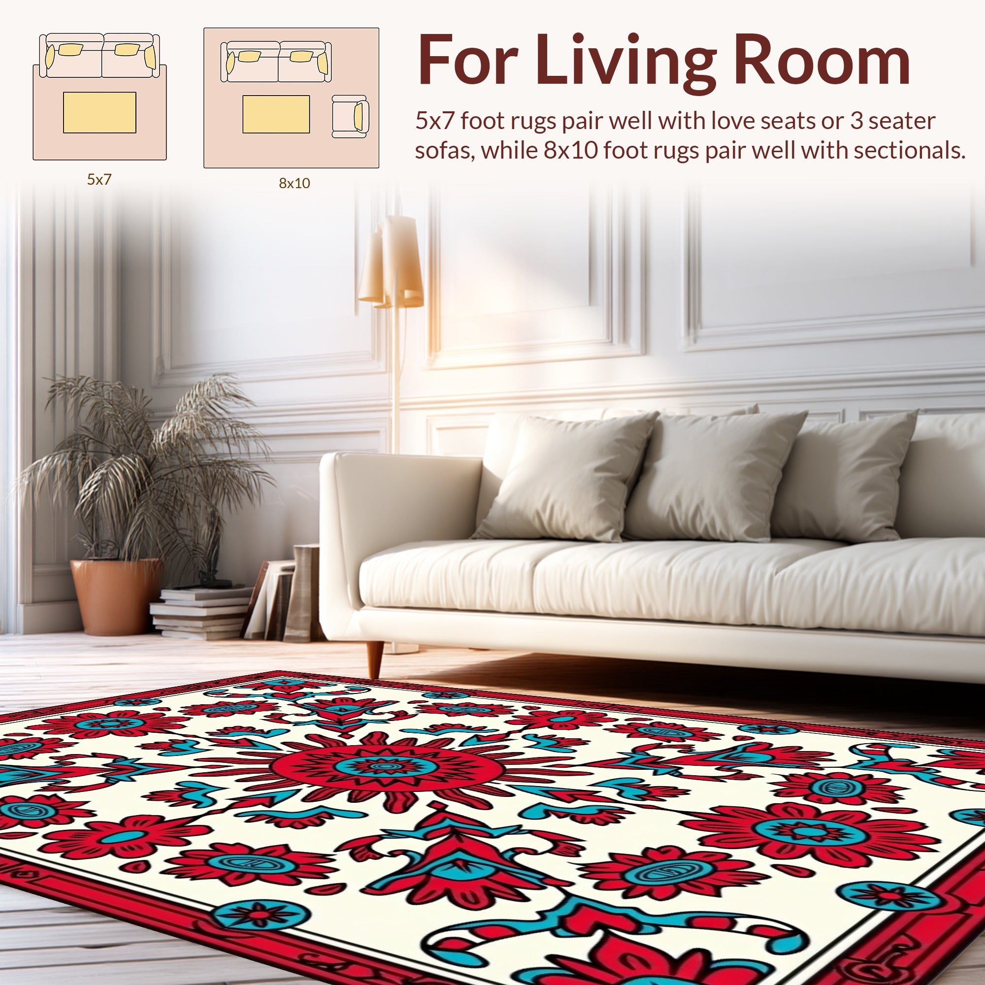 Red Turquoise Floral Sunburst Pattern Design Rug