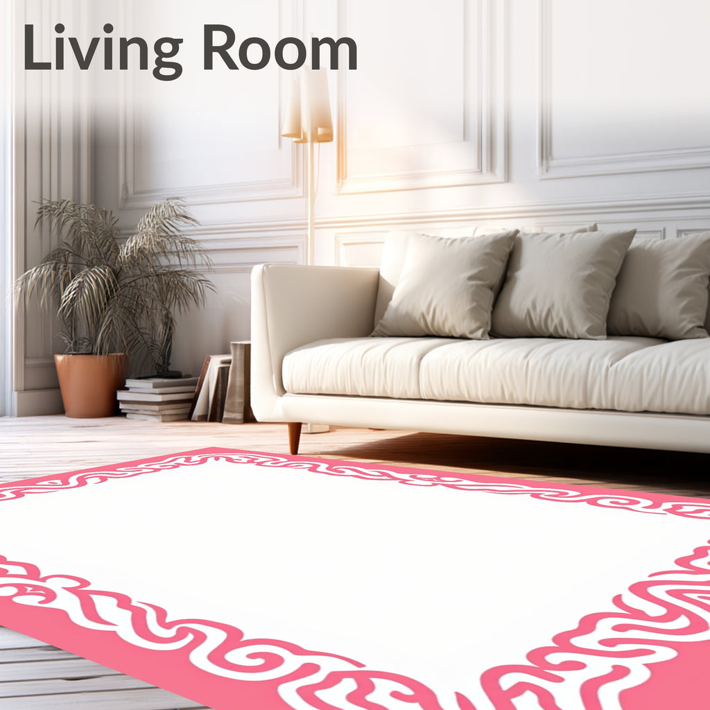 Pink White Ornate Swirl Border Rug