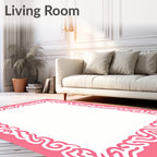 Pink White Ornate Swirl Border Rug
