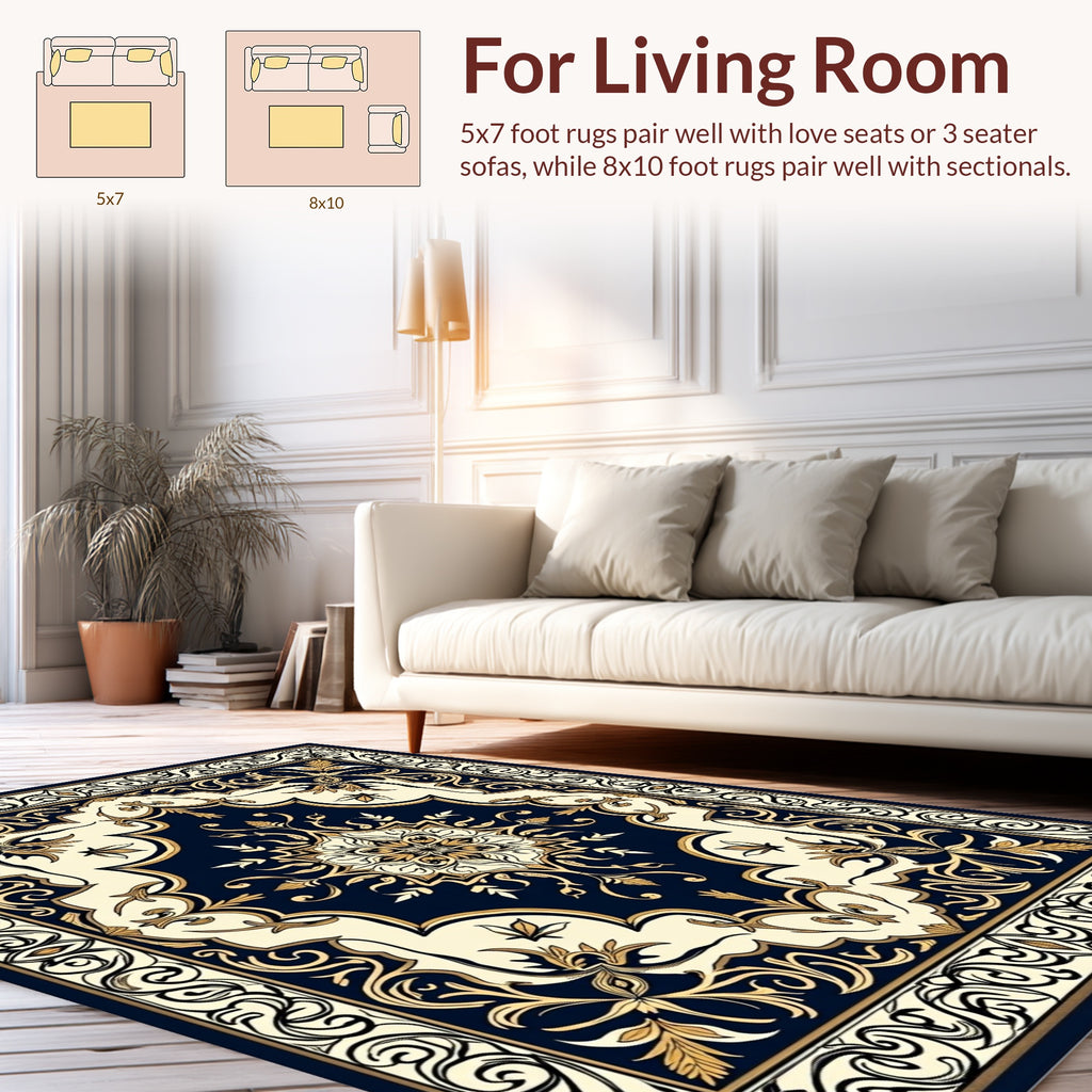 Elegant Dark Blue Gold Floral Medallion Rug