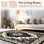Elegant Dark Blue Gold Floral Medallion Rug