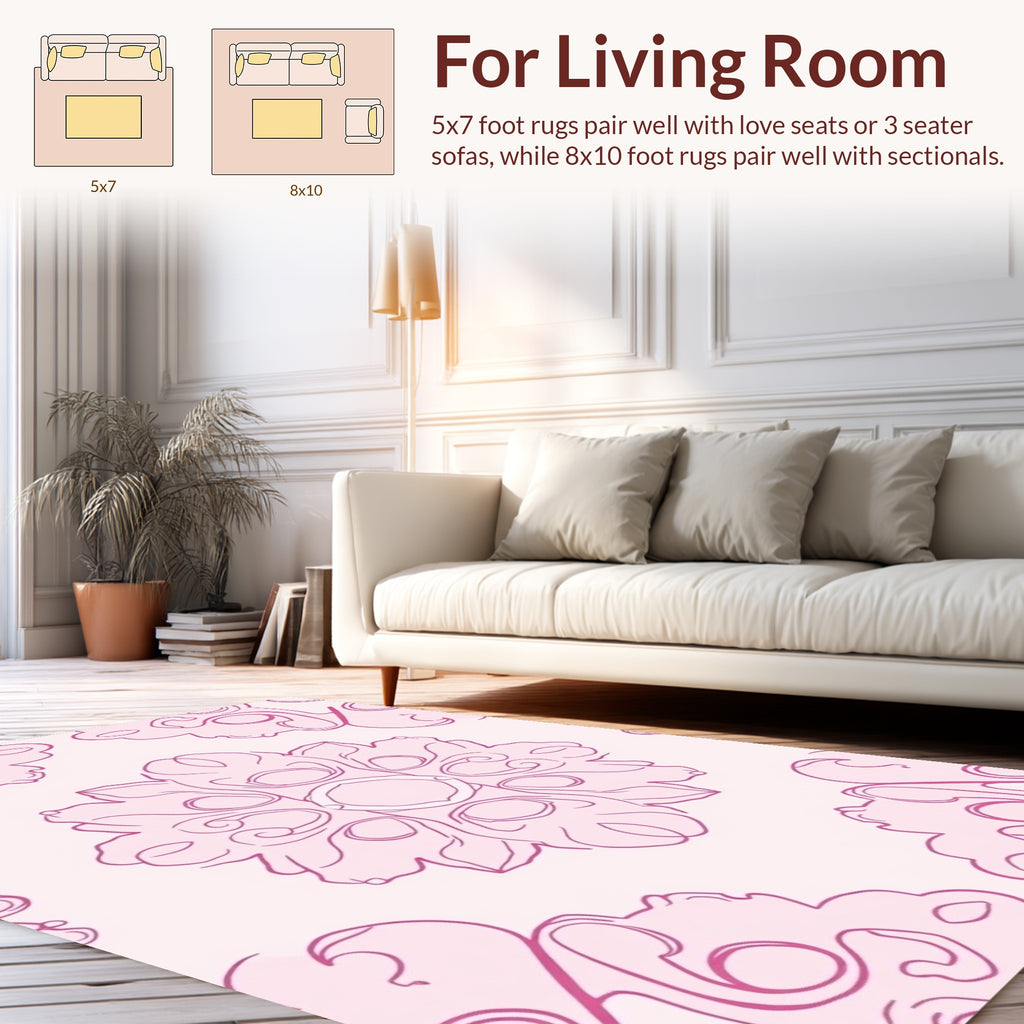 Pink Floral Outline Mandala Design Rug