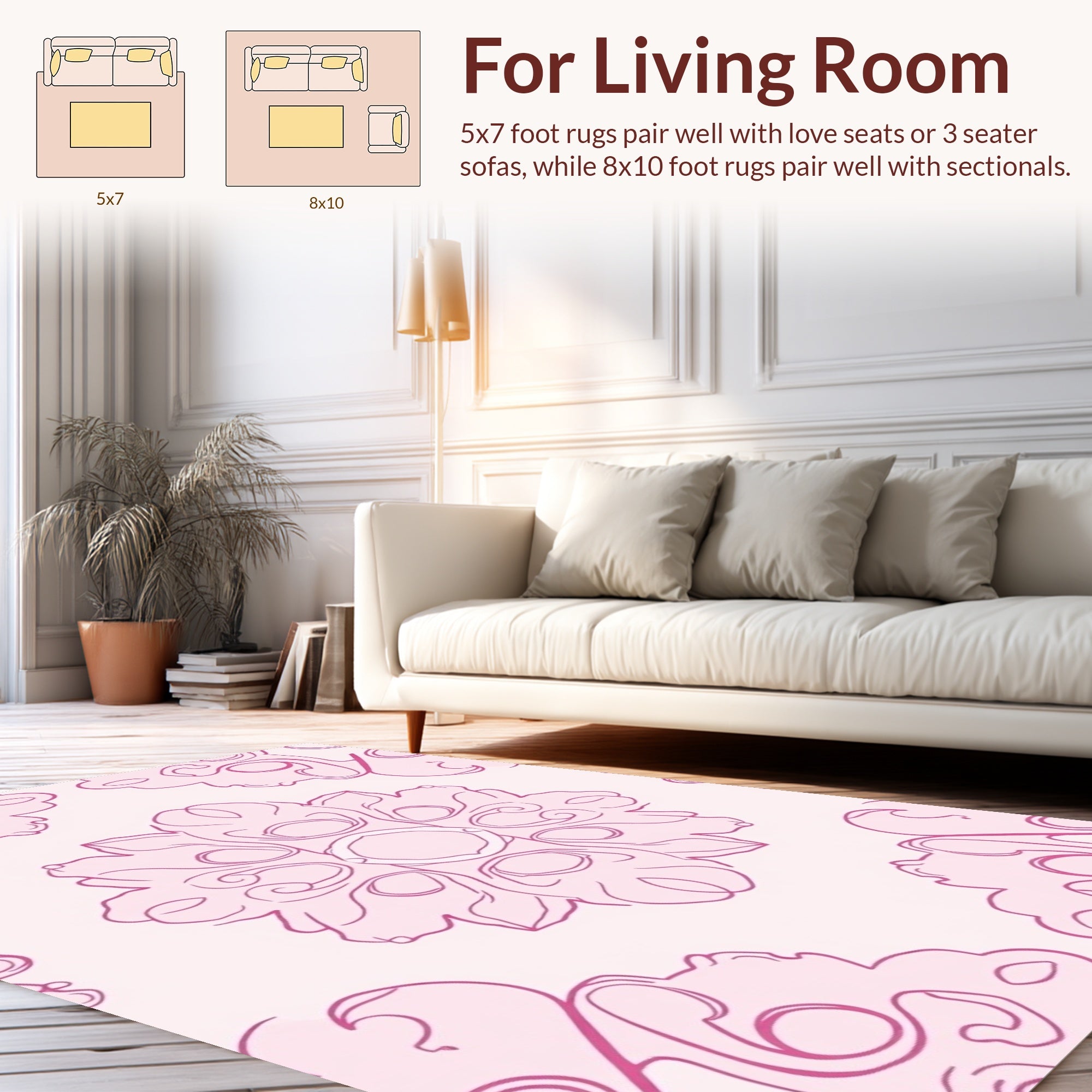 Pink Floral Outline Mandala Design Rug