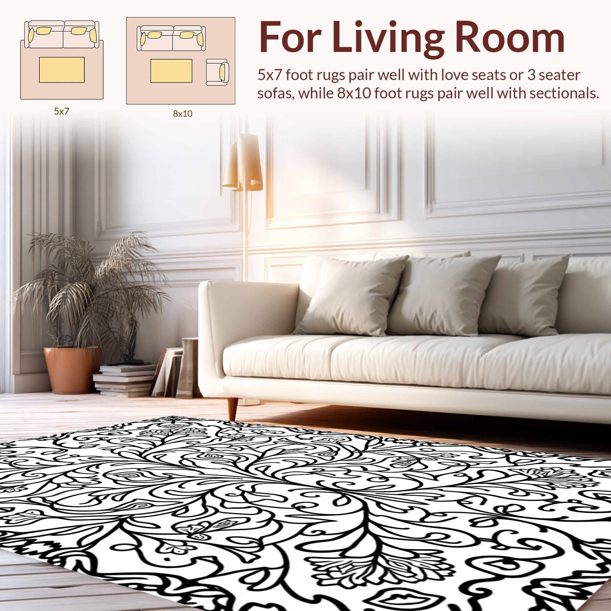 Intricate Black White Floral Scrollwork Design Rug