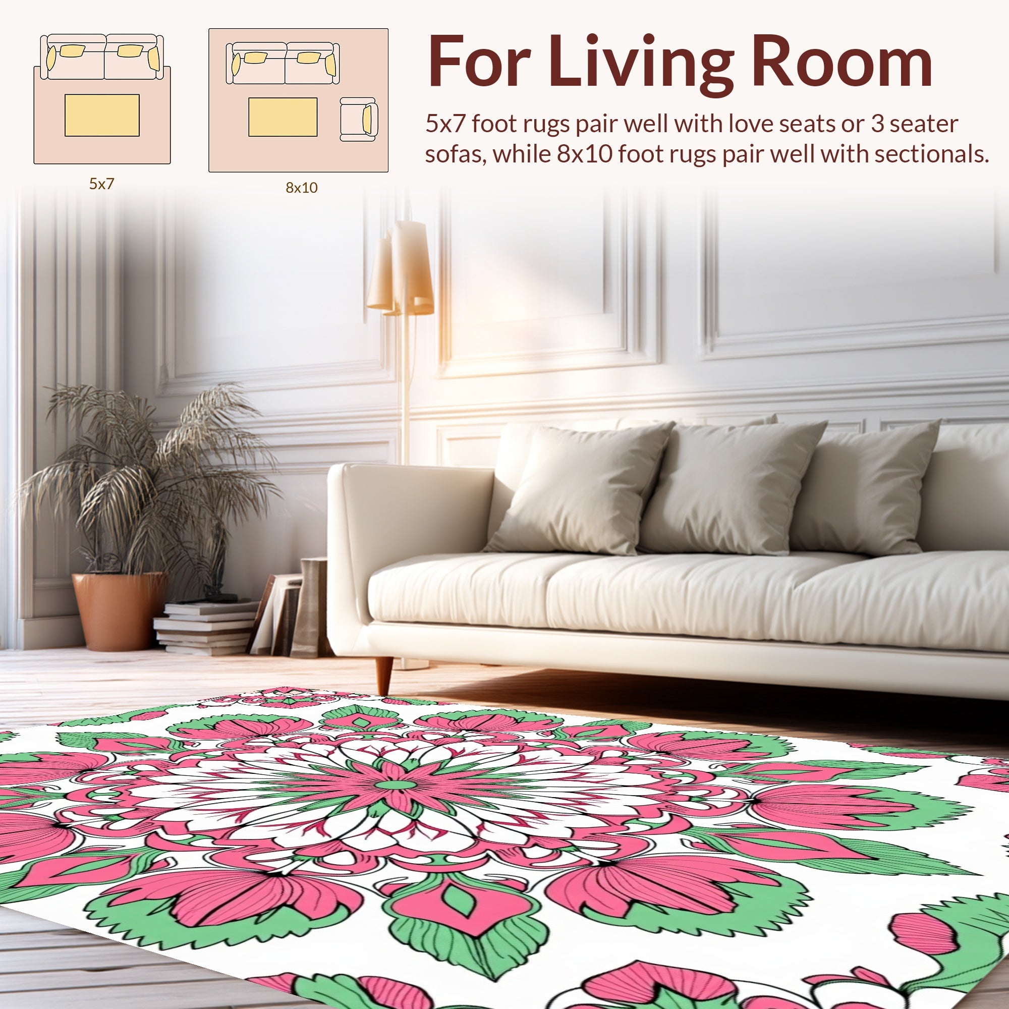 Pink Green Floral Mandala Pattern Rug