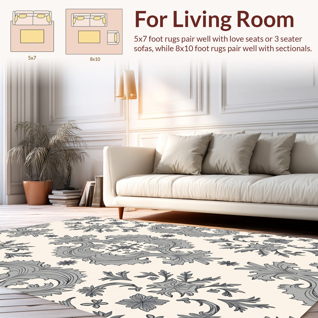 Ornate Grey Floral Damask Pattern Rug