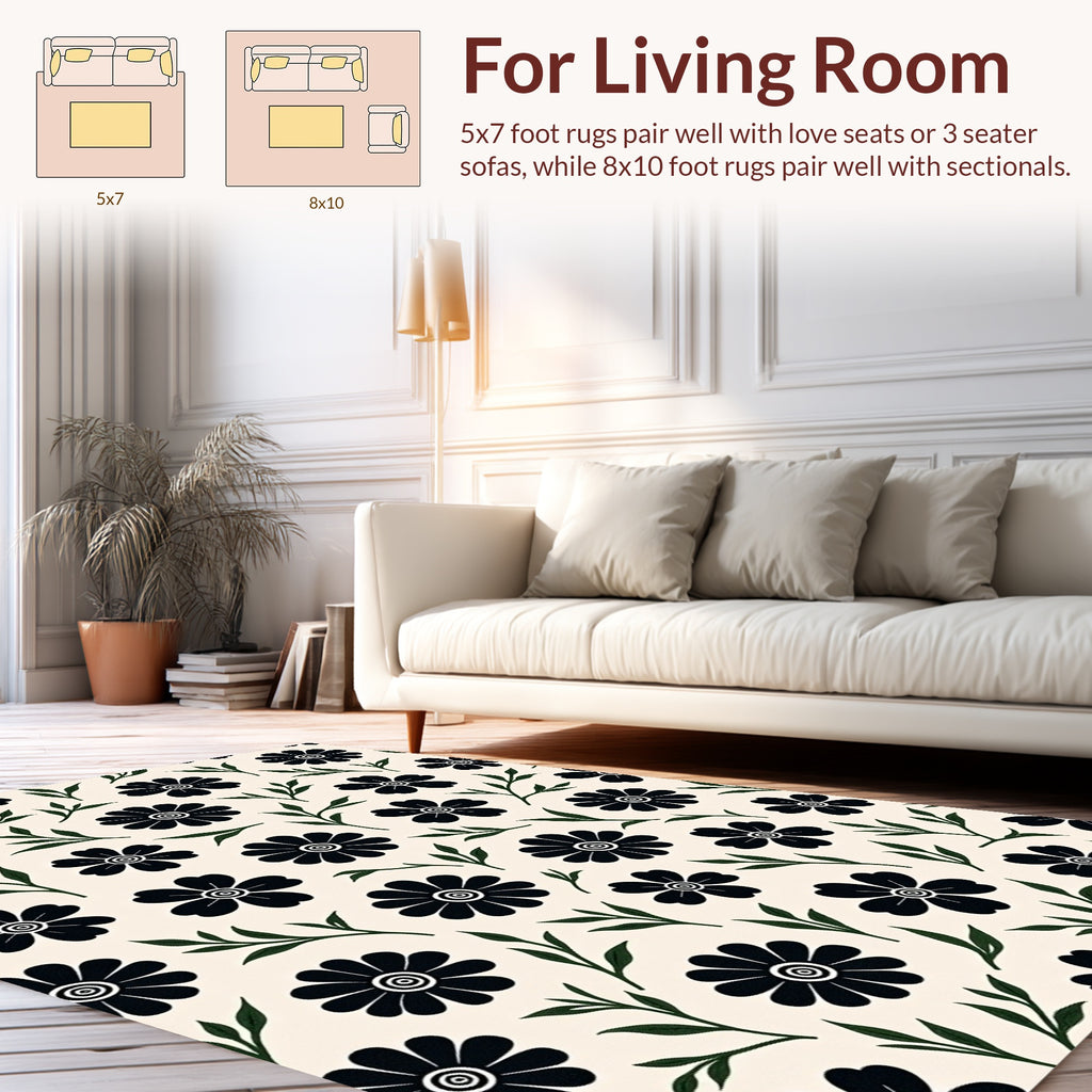 Bold Black Daisy Floral Pattern Rug