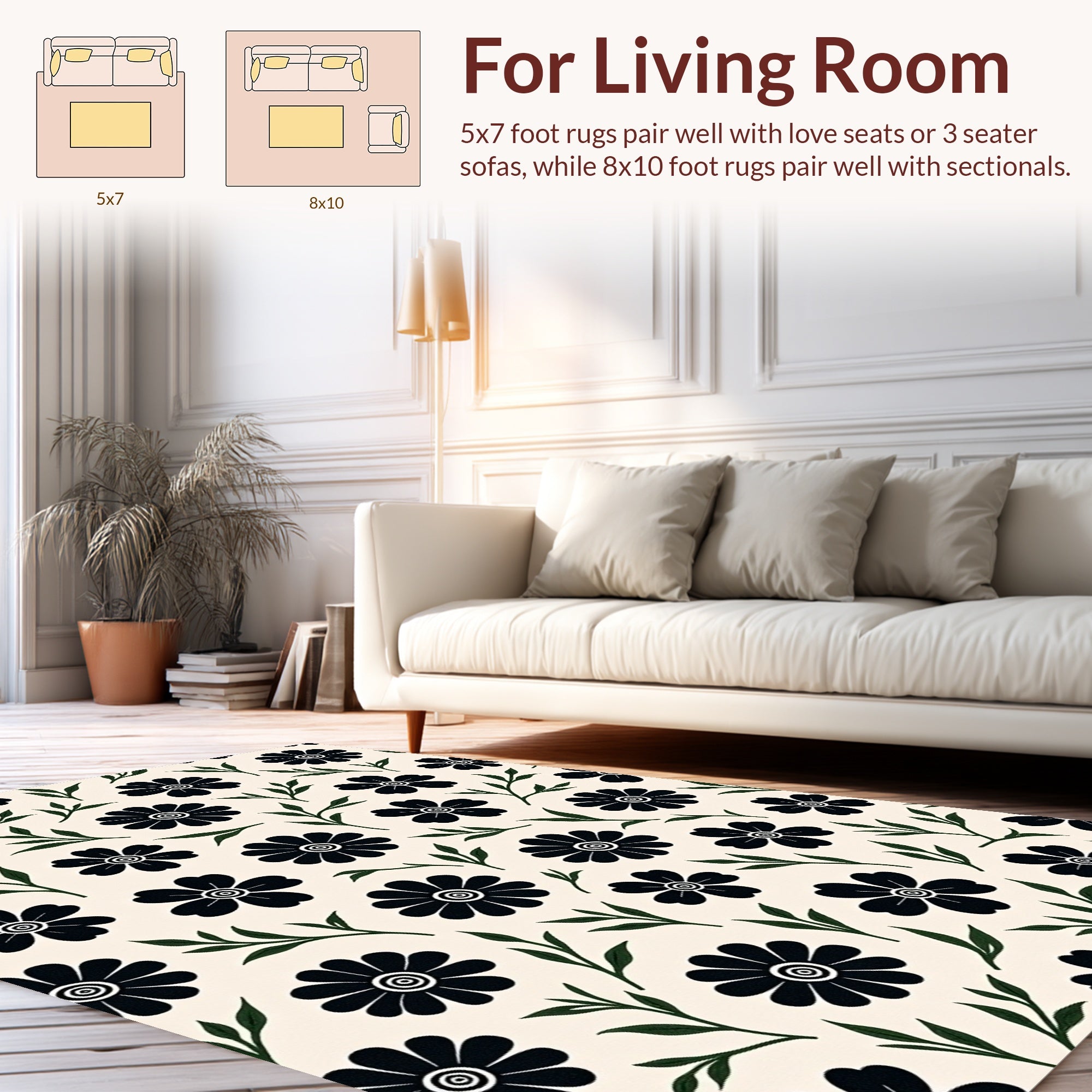 Bold Black Daisy Floral Pattern Rug