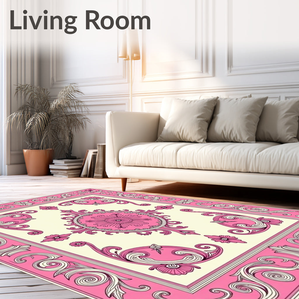 Ornate Pink and Cream Scroll Medallion Rug