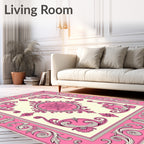 Ornate Pink and Cream Scroll Medallion Rug