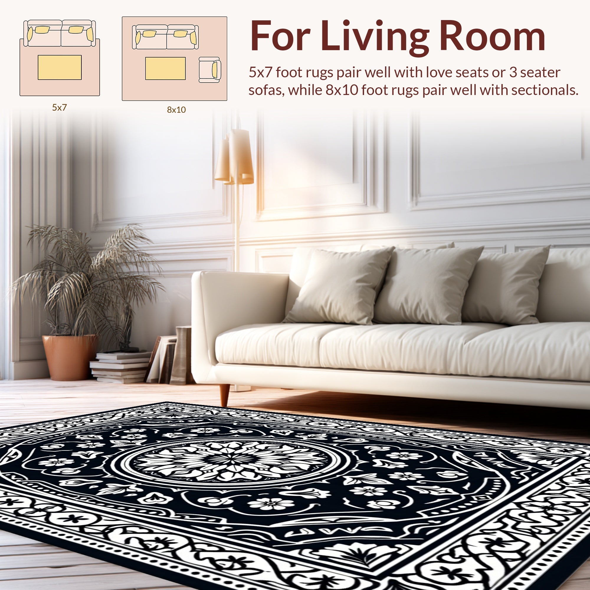 Intricate Floral Mandala Black White Design Rug