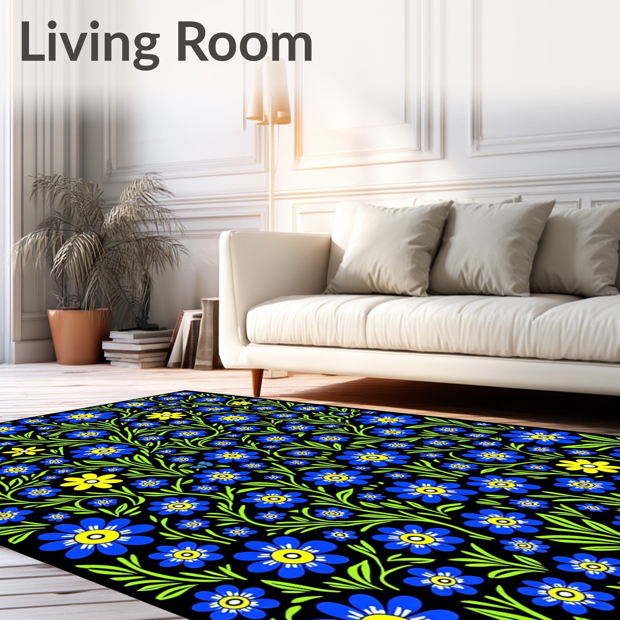 Bold Blue Yellow Floral Vines Rug