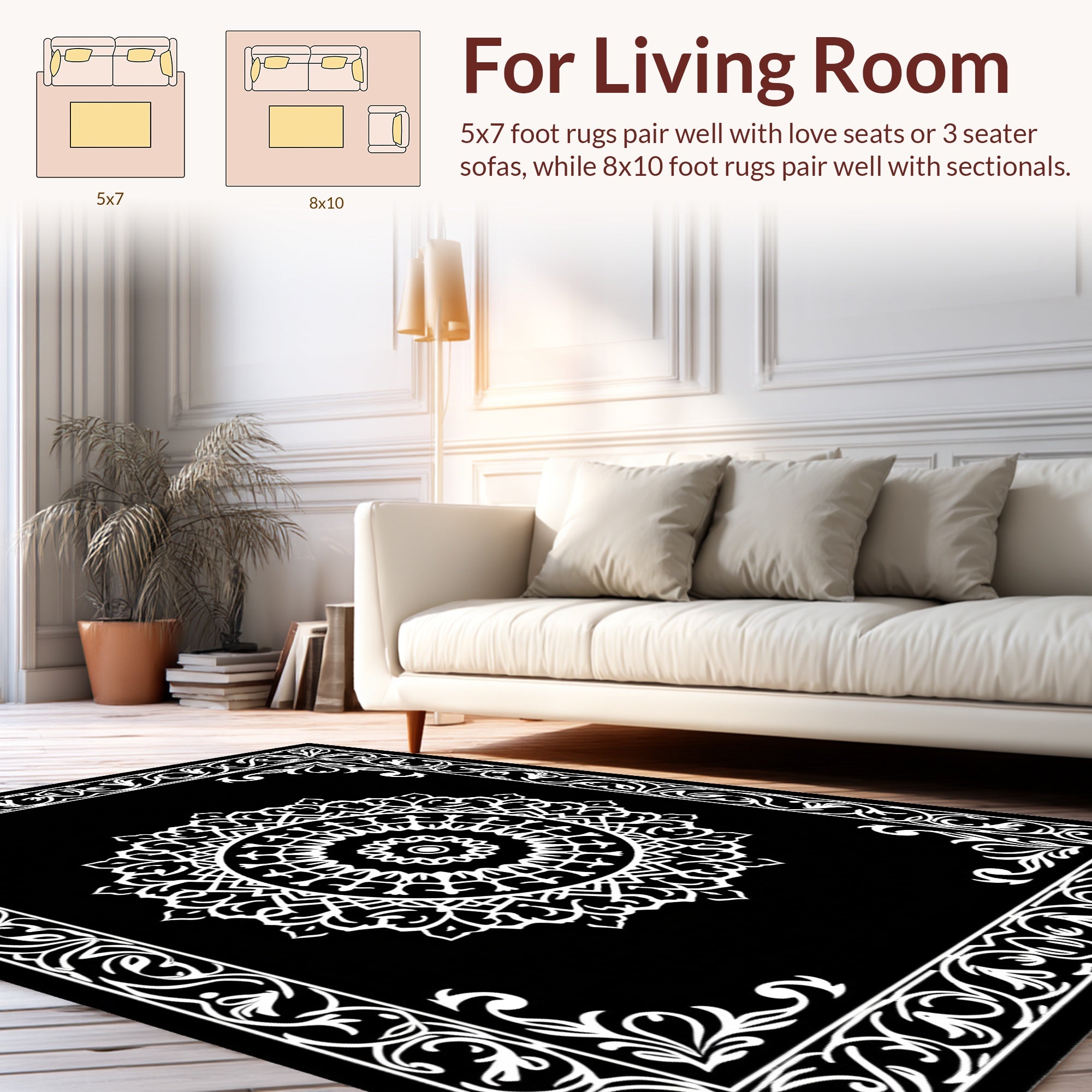 Black White Mandala Patterned Frame Rug