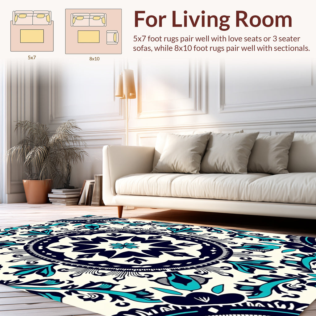 Intricate Teal Floral Mandala Pattern Rug