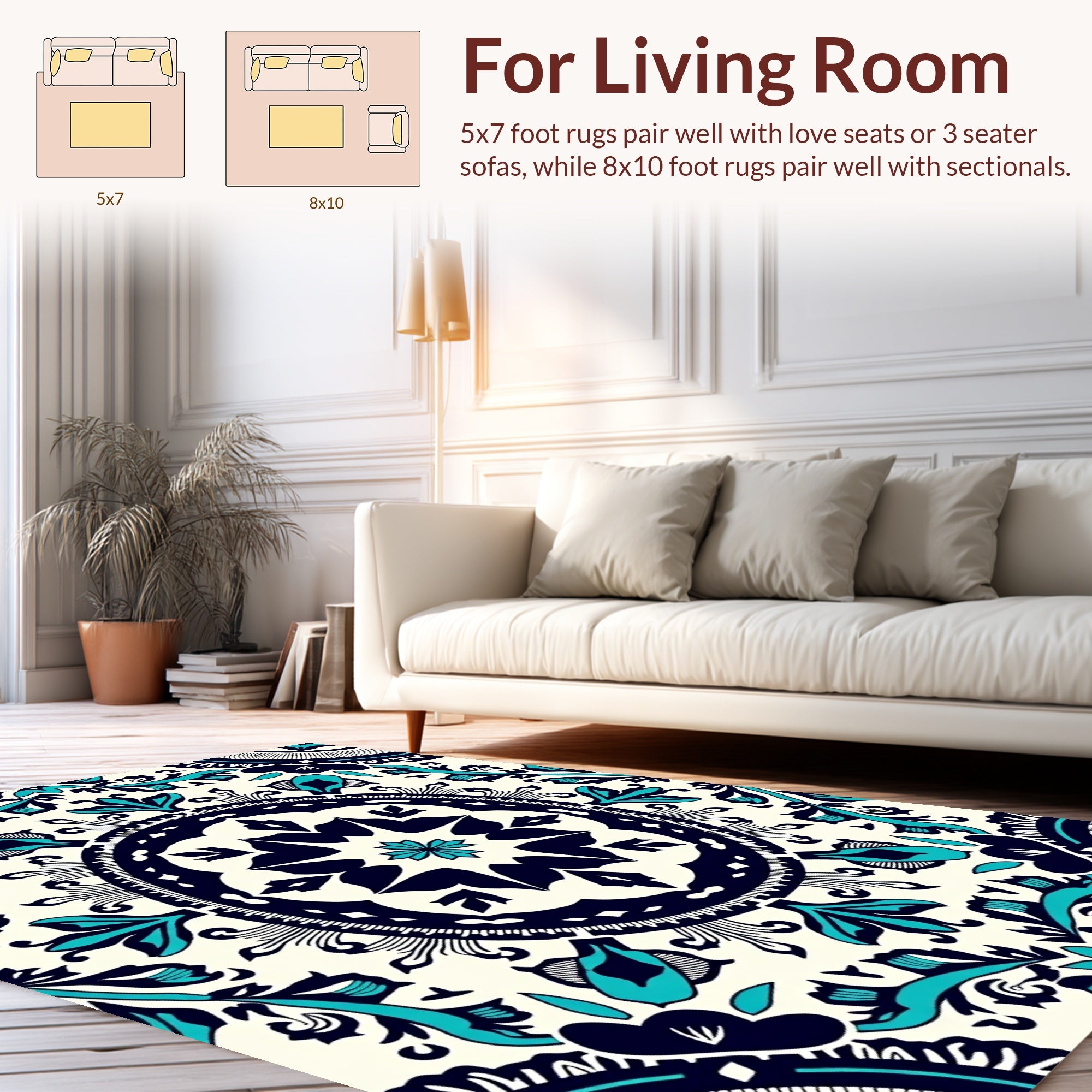 Intricate Teal Floral Mandala Pattern Rug