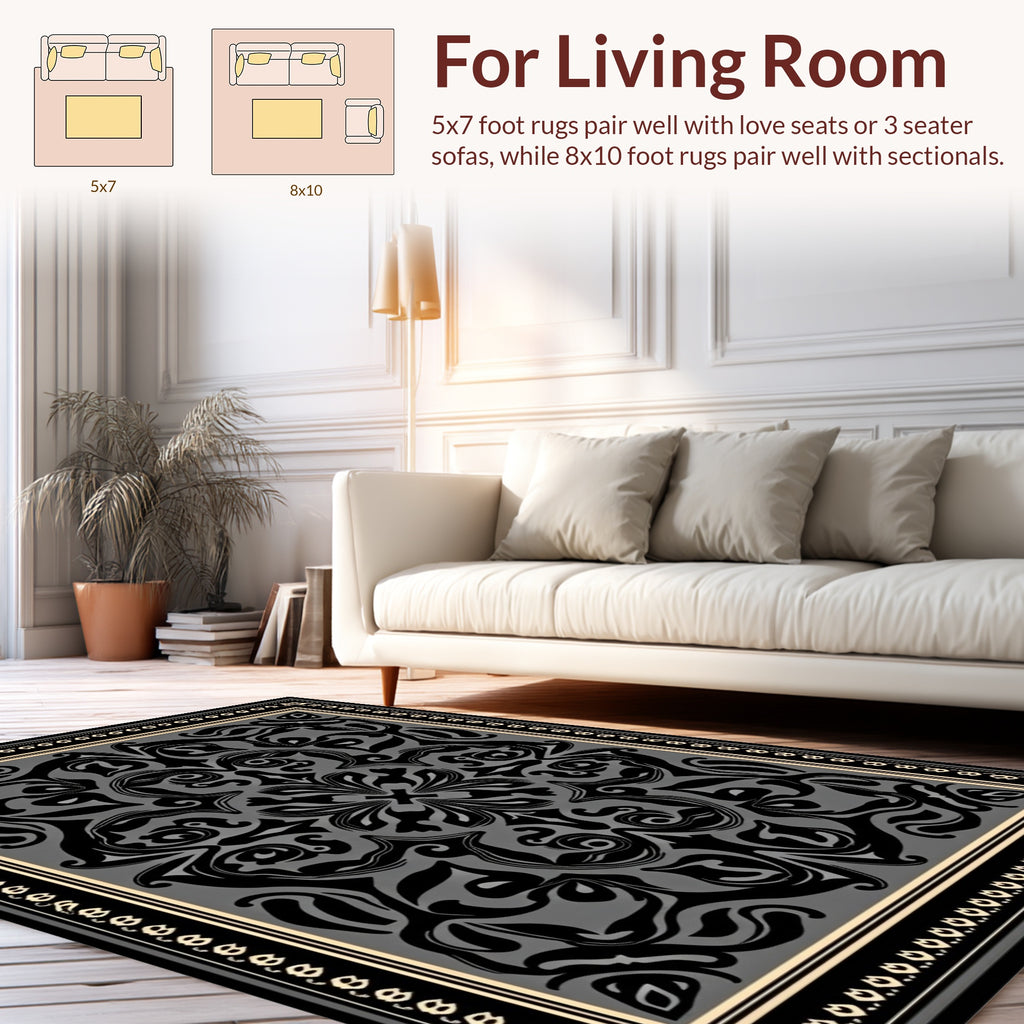 Vintage Inspired Black Swirl Motif Rug