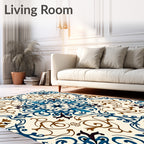 Ornate Blue Brown Floral Pattern Rug