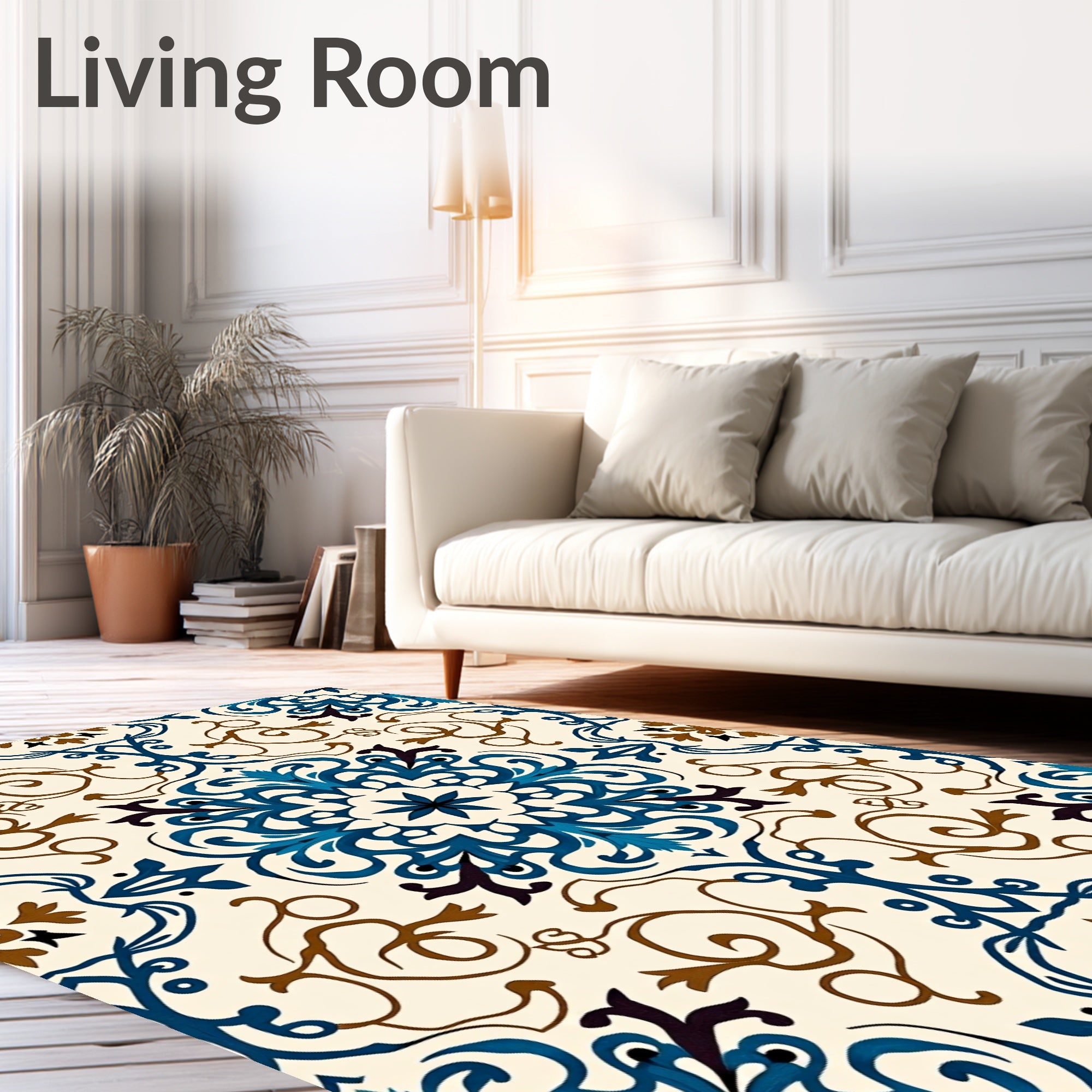 Ornate Blue Brown Floral Pattern Rug