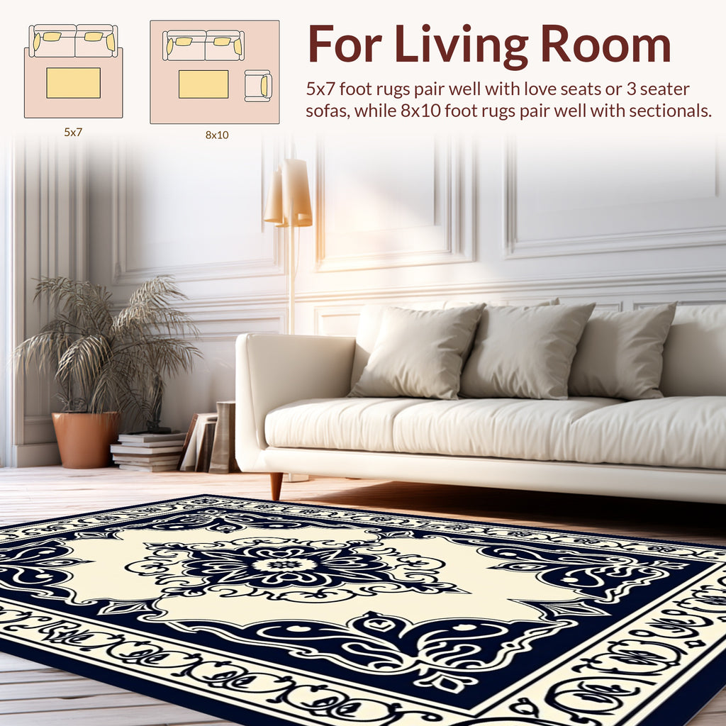 Classic Dark Navy Ivory Floral Medallion Rug