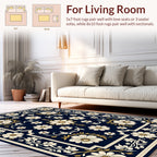 Elegant Navy White Floral Border Rug