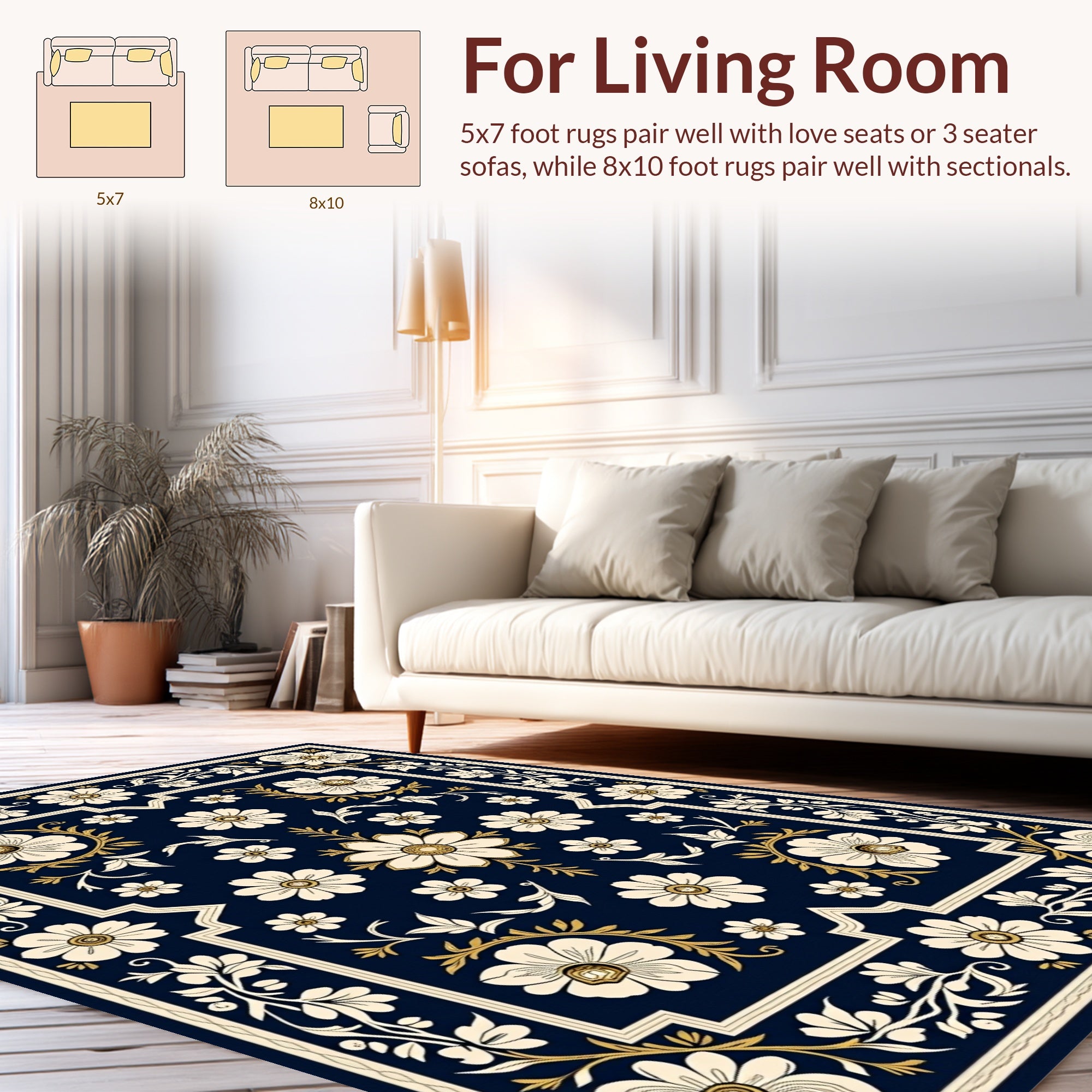 Elegant Navy White Floral Border Rug