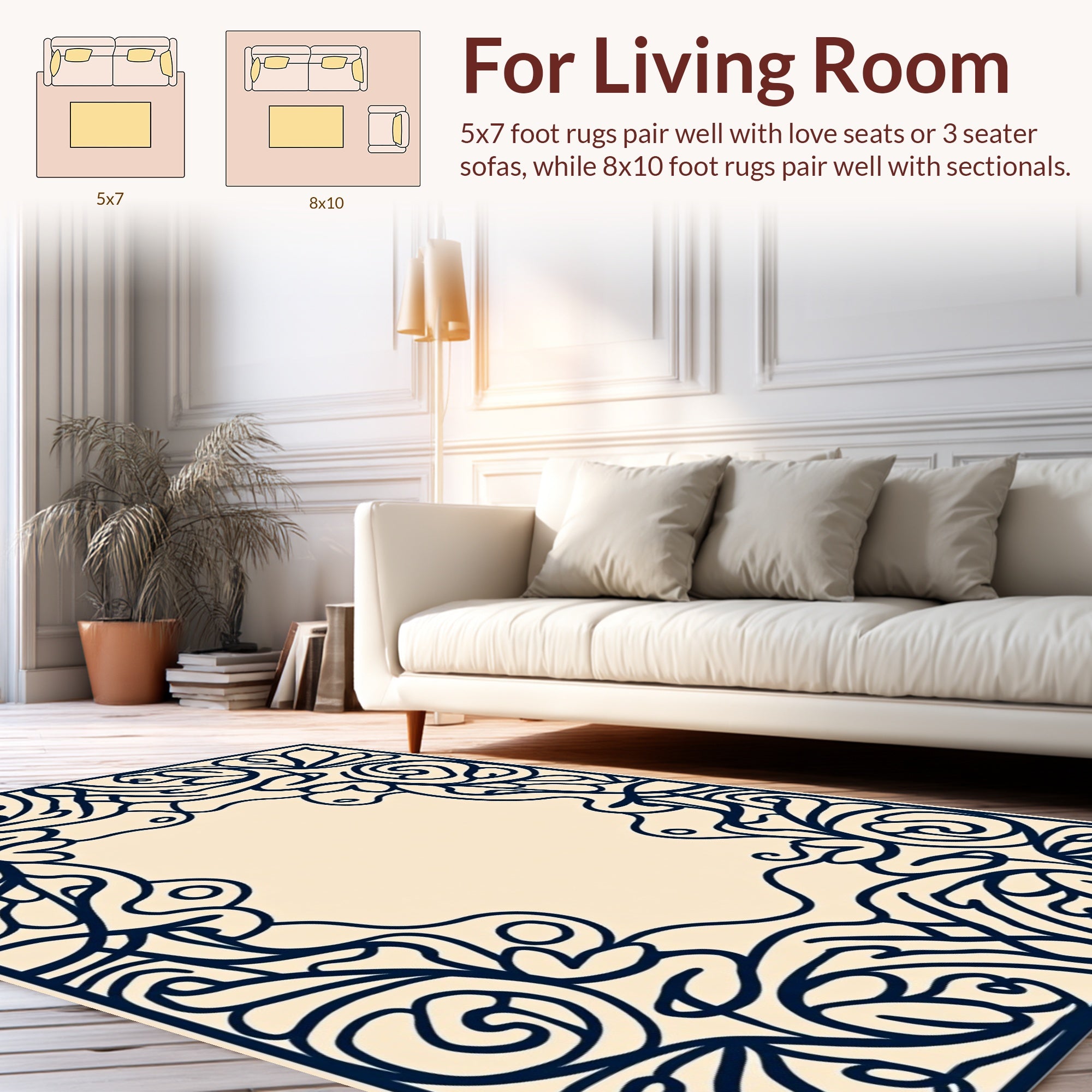 Ornate Floral Swirl Decorative Border Rug
