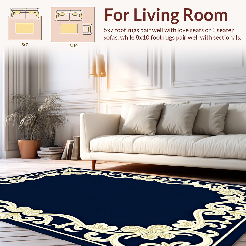 Ornate Gold Flourish Navy Border Rug