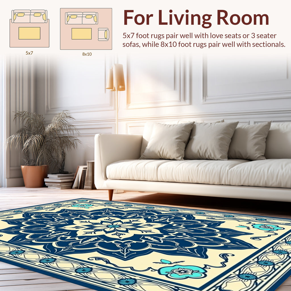 Navy Blue Floral Mandala Pattern Rug