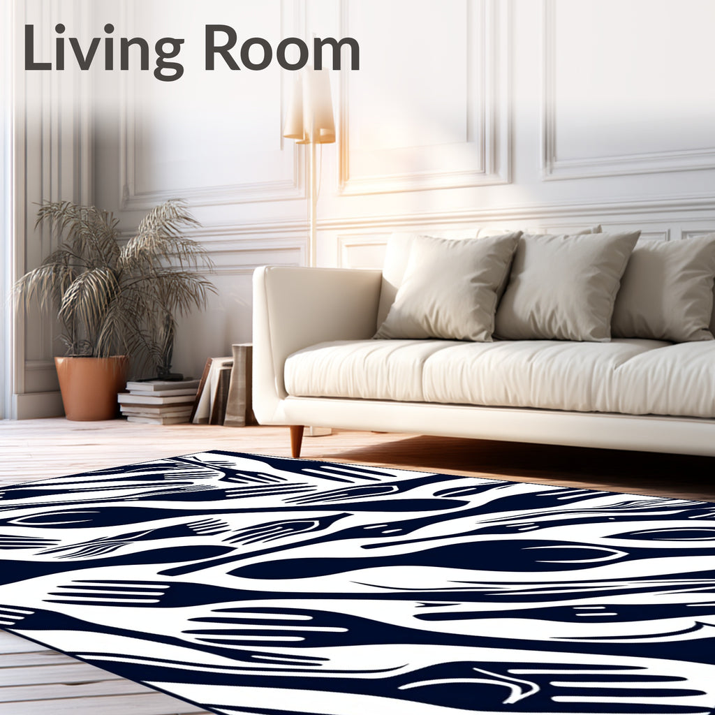 Dark Blue Utensil Collage Graphic Rug