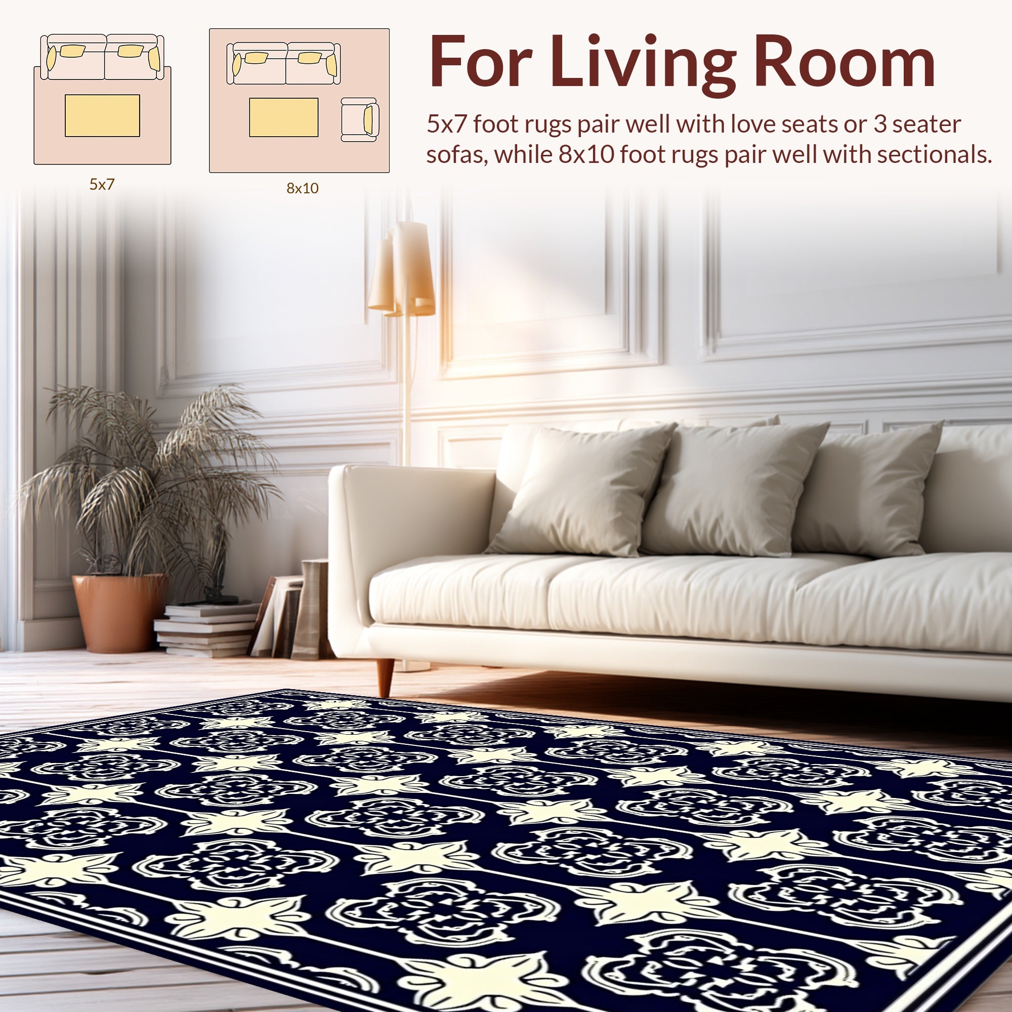 Elegant Cream Navy Classic Pattern Rug