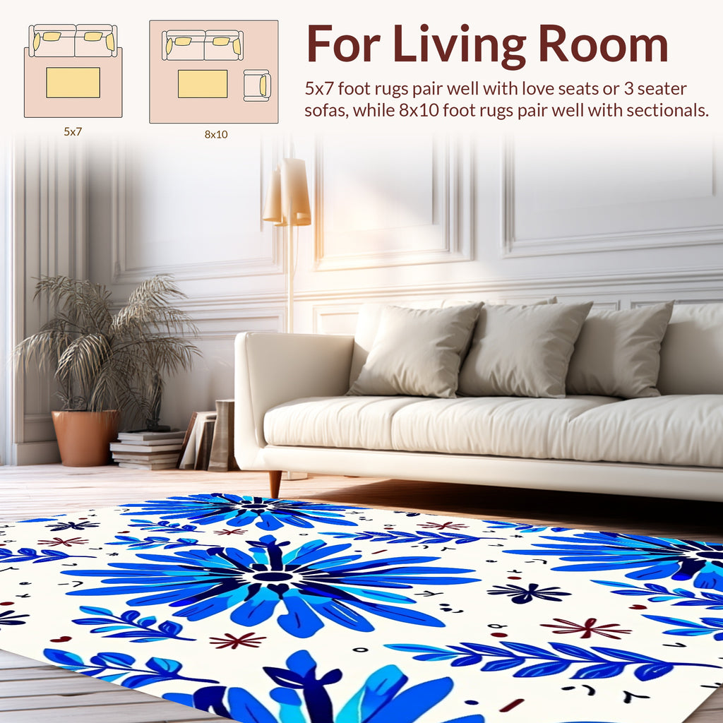 Vibrant Blue Floral Branch Pattern Rug