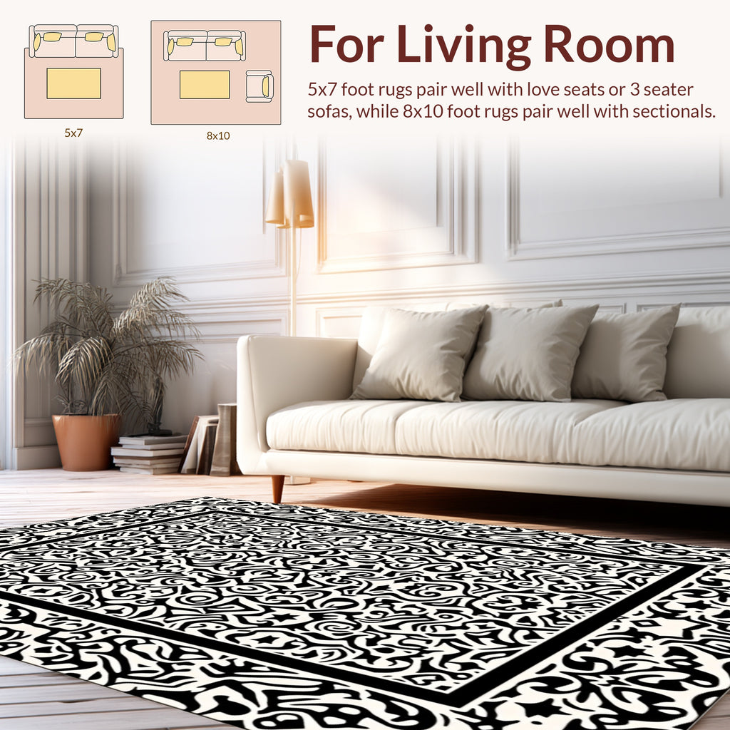 Black White Intricate Bordered Rug