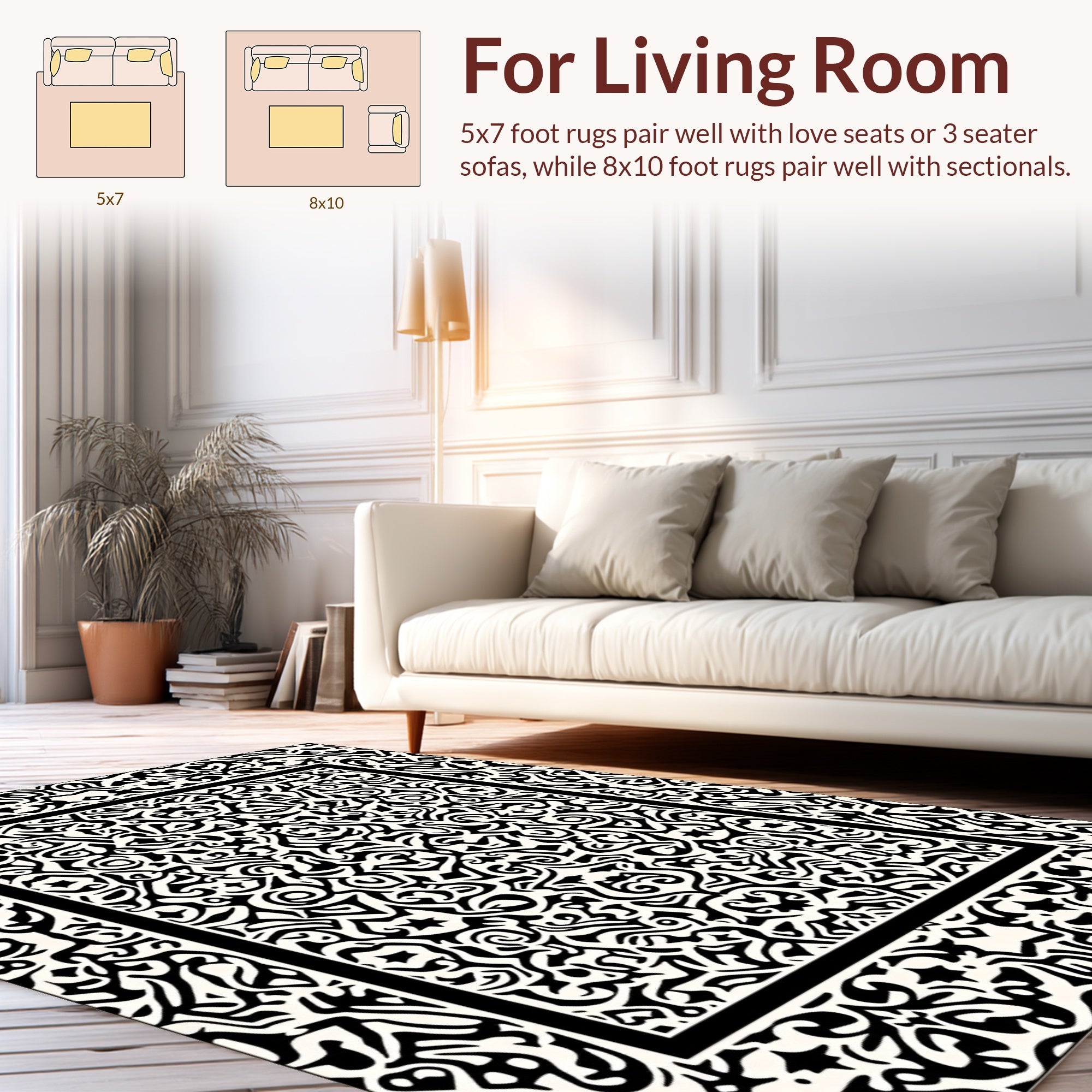 Black White Intricate Bordered Rug