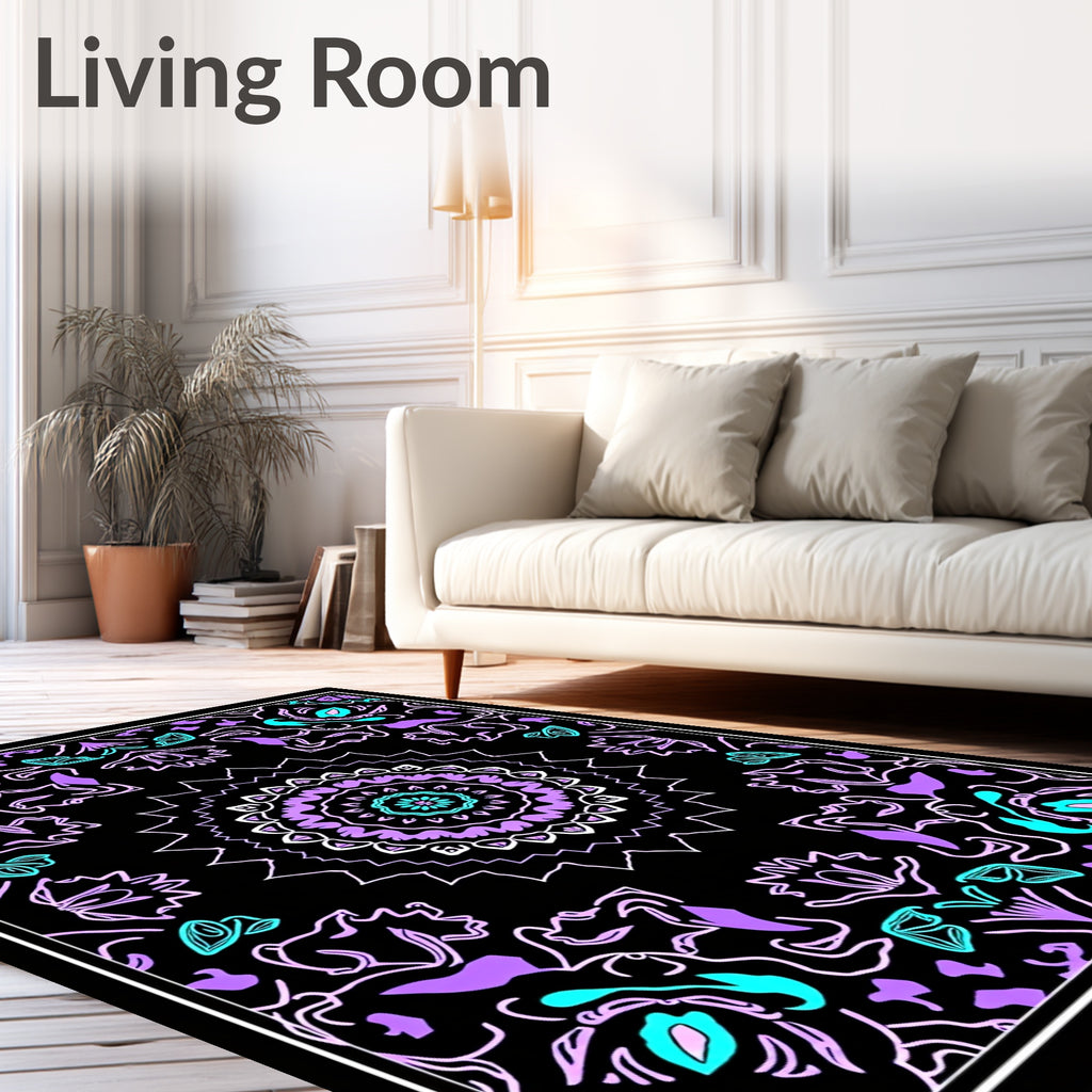 Vibrant Purple Teal Mandala Black Rug