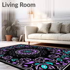 Vibrant Purple Teal Mandala Black Rug